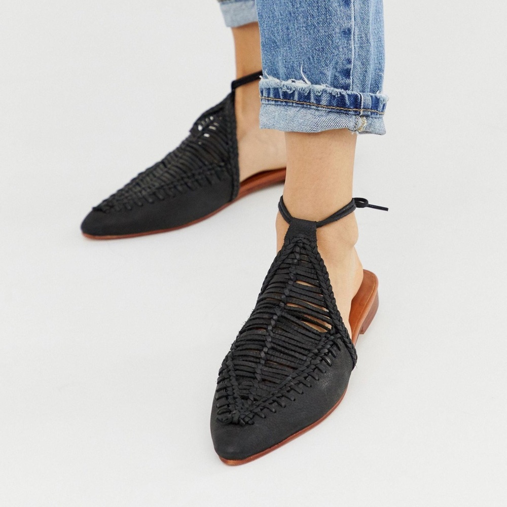 Free People Black Dana Leather Woven Flat Mules With Ankle Ties